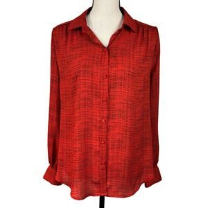 Worthington Medium Top Abstract Button-Up Long Sleeve Lightweight Collared Red